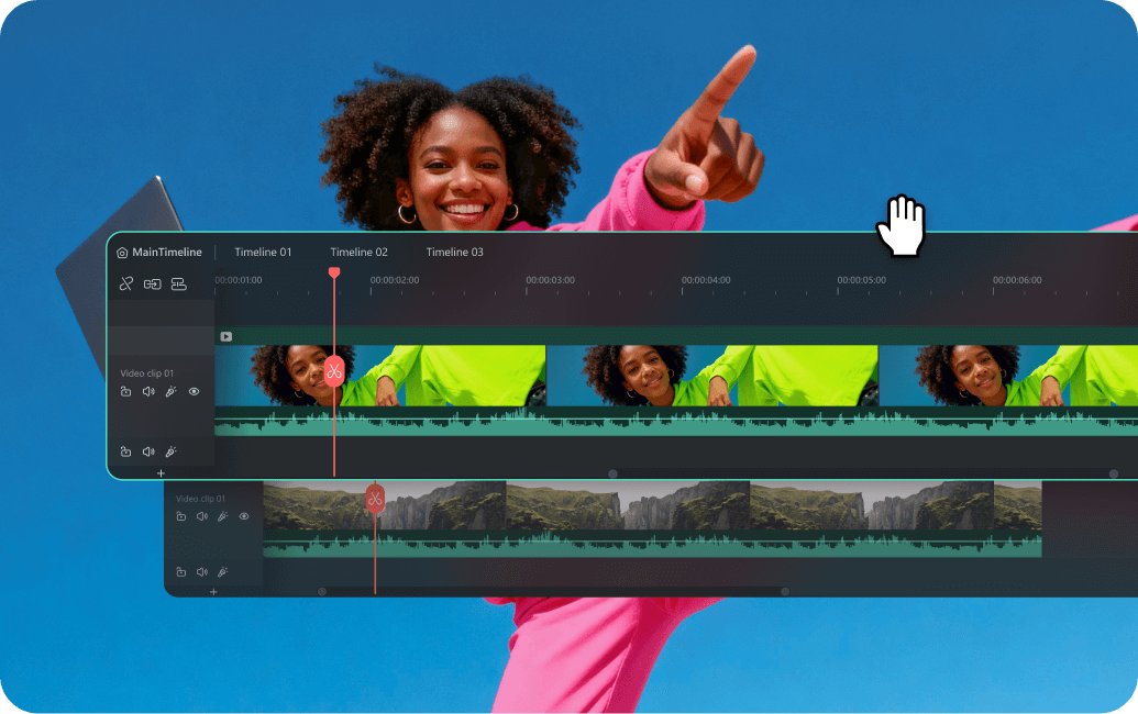Official Filmora product interface showing its video editing workspace